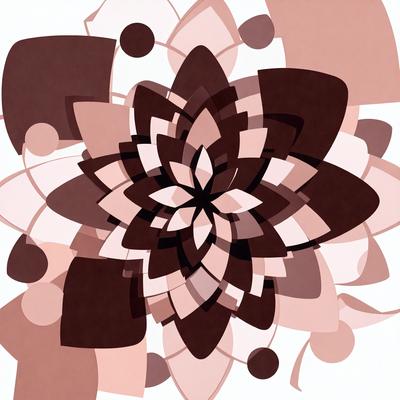 The primary subject of the image is a large, intricate flower design. The setting is a white background, which provides a clean and minimalist appearance. The visual style is a combination of digital art and illustration, creating a unique and eye-catching pattern. The dominant colors are brown and black, giving the image a warm and sophisticated mood.